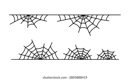 Halloween spider web horizontal borders set. Black line art cobweb decorative dividers isolated on white background. Spooky corner and edge elements for holiday design.