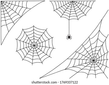 Halloween spider web and spider isolated on white background. Hector venom cobweb set.