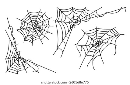 Halloween spider web isolated on transparent background. Hand drawn outline vector illustration. Fancy Halloween scary decor elements. Vector illustration