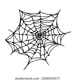 Desenho de linha de teia de aranha de Halloween. Silhueta de segmentos curvos. Clipart gráfico isolado desenhado à mão. Arte contorno preto em estilo Doodle. Ilustração de forro de teia de aranha para decoração e design assustador.