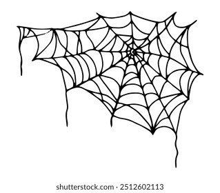 Halloween spider web line drawing. Silhouette of curved threads.  Black outline art in Doodle style. Hand drawn isolated graphic clipart. Liner illustration of spider web for creepy decor and design.