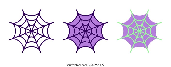 Halloween spider web in outline, flat, and detailed styles. Purple and green colors for creepy cute seasonal designs.