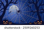 Halloween spider in the web, pumpkins, bats, scary trees against the backdrop of a creepy big moon and starry sky. Holiday flyer, poster, card or banner. Halloween vector illustration.
