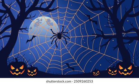 Halloween spider in the web, pumpkins, bats, scary trees against the backdrop of a creepy big moon and starry sky. Holiday flyer, poster, card or banner. Halloween vector illustration.