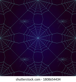 Halloween spider web seamless pattern. Creative creepy background with net. Neon halloween cobweb on dark background. Colorful spiderweb seamless backdrop gossamer texture. Stock vector illustration