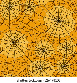 Halloween spider web seamless pattern. Vector background. Orange and black.