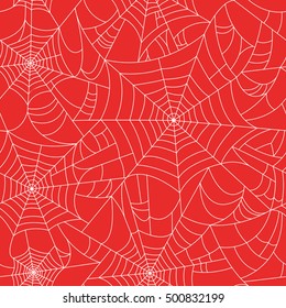 Halloween spider web seamless pattern with black spiders. Vector halloween background. Black, red and white. Seamless vector cobweb background. Halloween invitation. Happy Halloween Poster. 