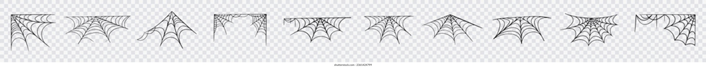 Halloween spider web set. Gothic horror web silhouettes for decoration, creepy web with tangled hanging insects. Vector isolated collection on transparent background.