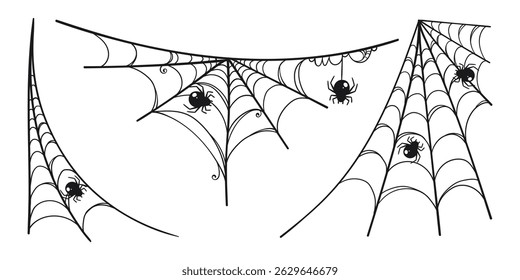 Halloween Spider Web Set in Hand Drawn Style. Line silhouette of doodle arachnid web perfect for cards, party invitations, web, fashion, print