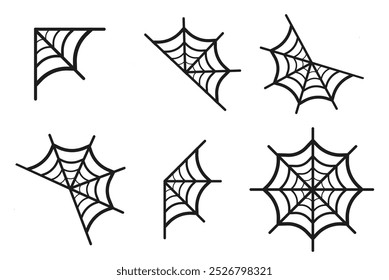 Conjunto de Web de araña de Halloween. Siluetas góticas de Web de terror para decoración, Web espeluznante con insectos colgantes enredados. colección aislada de Vector. Trampa colgante de miedo para el marco de vacaciones aislado en blanco.