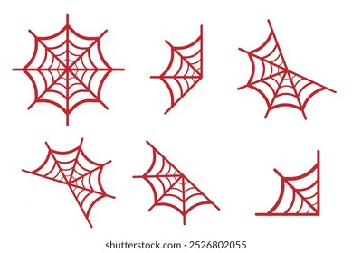 Conjunto de Web de araña de Halloween rojo. Siluetas góticas de Web de terror para decoración, Web espeluznante con insectos colgantes enredados. colección aislada de Vector. Trampa colgante de miedo para el marco de vacaciones aislado en blanco.