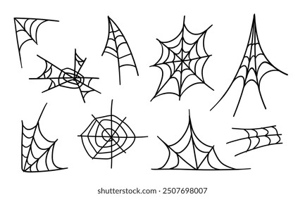 Halloween spider web set isolated on white background. Hector venom cobweb set. Vector illustration in flat hand drawn style.