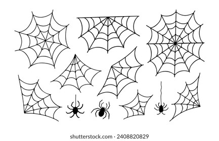 Halloween Spider Web Set. Spooky Vector Illustration Isolated on White Background. Spiderweb Frame, Border and Corner for Helloween Decor, Poster Design. Cute Insect Element Set.