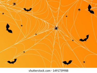 Halloween spider web silhouette with bats, spiders on a orange background.  Vector illustration