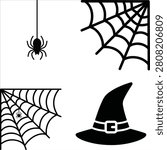 Halloween Spider Web and Spider Silhouette Vector Icons Set
