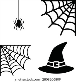 Halloween Spider Web and Spider Silhouette Vector Icons Set