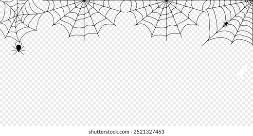 Teia de aranha de Halloween e aranhas isoladas sobre fundo branco. Aranha negra e teia rasgada. Teia de aranha assustadora do símbolo do halloween