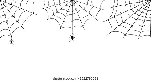 Teia de aranha de Halloween e aranhas isoladas sobre fundo branco. Aranha negra e teia rasgada. Teia de aranha assustadora do símbolo do halloween