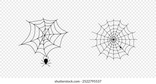 Halloween spider web and spiders isolated on white background. Black spider and torn web. Scary spiderweb of halloween symbol