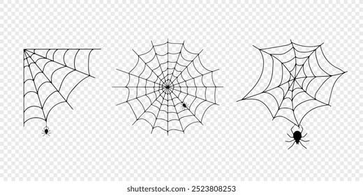 Teia de aranha de Halloween e aranhas isoladas sobre fundo branco. Aranha negra e teia rasgada. Teia de aranha assustadora do símbolo do halloween