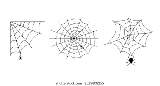 Teia de aranha de Halloween e aranhas isoladas sobre fundo branco. Aranha negra e teia rasgada. Teia de aranha assustadora do símbolo do halloween