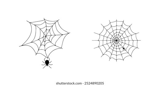 Teia de aranha de Halloween e aranhas isoladas sobre fundo branco. Aranha negra e teia rasgada. Teia de aranha assustadora do símbolo do halloween