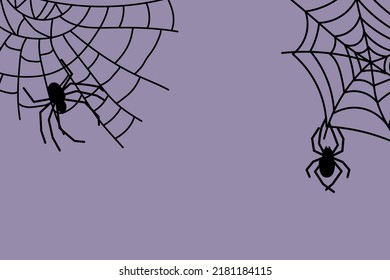 Halloween spider web and spiders on color background. Vector illustration