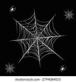 Halloween Spider Web and Spiders on Black Background - Vector Illustration A detailed vector illustration of a large spider web with four small spiders on a black background.