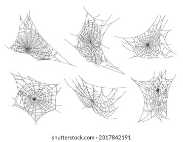 Halloween spider web. Spooky horror halloween cobweb decor flat vector illustration set. Hanging halloween spider webs