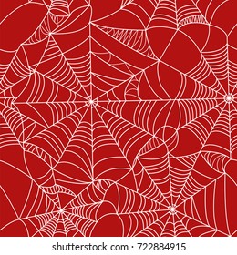 Halloween spider web White on red background seamless pattern. Stock vector. Bloody background