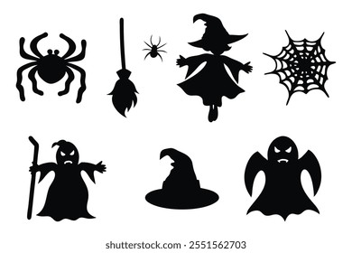 Halloween Spider, witch , hat, ghost set silhouettes isolated flat vector illustration on white background.