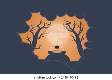 Halloween  spideron the moon and dark silhouettes on sky background