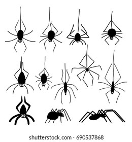 Halloween spiders. Black silhouettes of cartoon funny spiders with eyes hanging on a cobweb