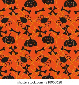 Halloween spiders, bone  and pumpkins with cobweb seamless pattern