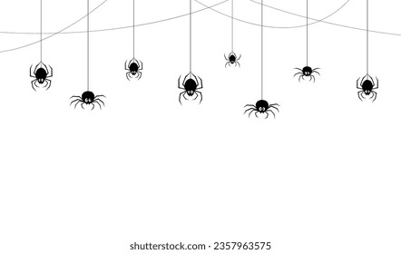 Borde de arañas de Halloween. Marco vectorial vacacional con graciosos personajes arácnidos negros colgando en las cuerdas de las enredadas telarañas. Personajes de spinner monocromo y telarañas sobre fondo blanco