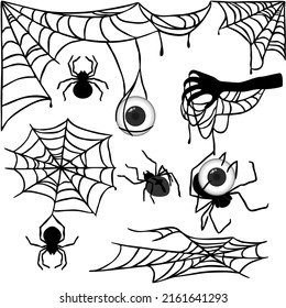 Halloween spiders ,cobwebs of various shapes ,hand and eye.Set of spooky design elements in black isolated on white .Vector clipart icons.Trick or treat event decoration.