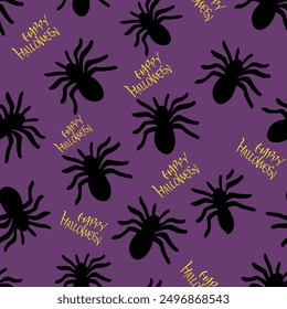 Arañas de Halloween, patrón plano sin fisuras. Vector de impresión Feliz Halloween con arañas sobre fondo púrpura. Impresión para embalaje, tela, decoración de vacaciones, textil, Fondo de pantalla.