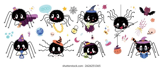 Halloween spiders. Funny spider in different poses. Autumn festive characters with pumpkin, wear witch hat, study magic on book, nowaday vector set