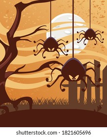 halloween spiders hanging at night scene vector illustration design