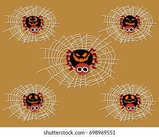 Halloween spiders with jack o lantern tracery vector illustration cartoon. Spiders and spider web background.