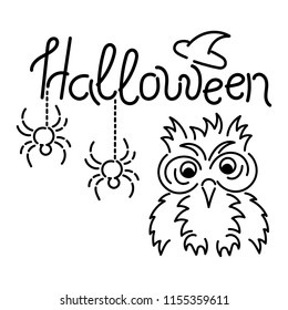Halloween.   Spiders, owl . Hand drawn  lettering. Design for holiday greeting card. Vector illustration on white background.