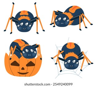 Halloween spiders set. Arachnid with pumpkin. Stickers for social networks. Character for international holiday of fear and horror. Flat vector collection isolated on white background