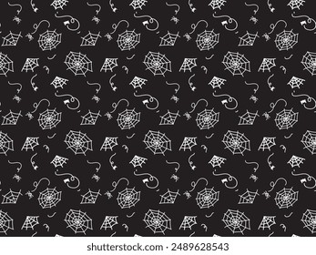 Halloween spiders and spider web seamless pattern. White elements on black background. Vector design in doodle style