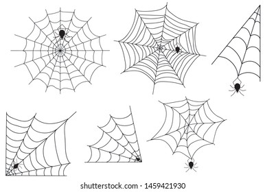 Halloween spiderweb border with hanging spiders. Vector isolated spooky background