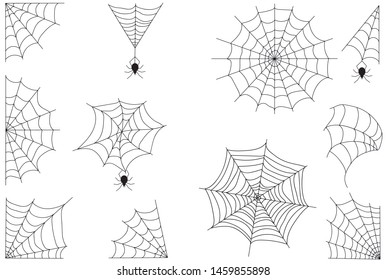 Borde de telaraña de Halloween con arañas colgantes. Fondo espeluznante aislado del vector