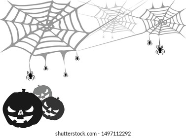 Halloween spiderweb border with hanging spiders. Vector