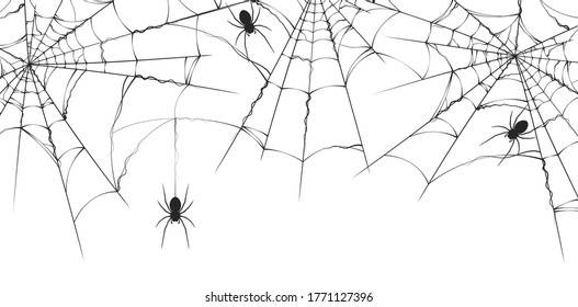 Halloween spiderweb border with spiders. Vector isolated realistic spooky background for october night party and invitations.