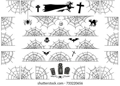 Halloween spiderweb borders and corners. Vector cobweb frame and dividers isolated on white with spider web for scary design.