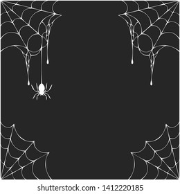 Halloween spiderweb corner frame with hanging spiders. Vector isolated spooky background for october night party.