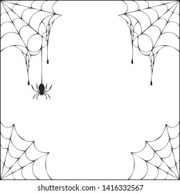 Halloween spiderweb corner frame with hanging spiders. Vector isolated october night party spooky web background.